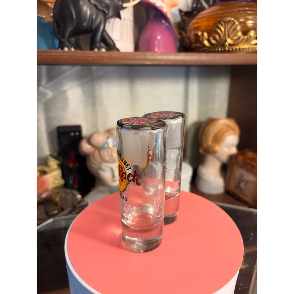 Hard Rock Cafe Las Vegas Save The Planet Shot Glass Pair with Pin Backs Clear